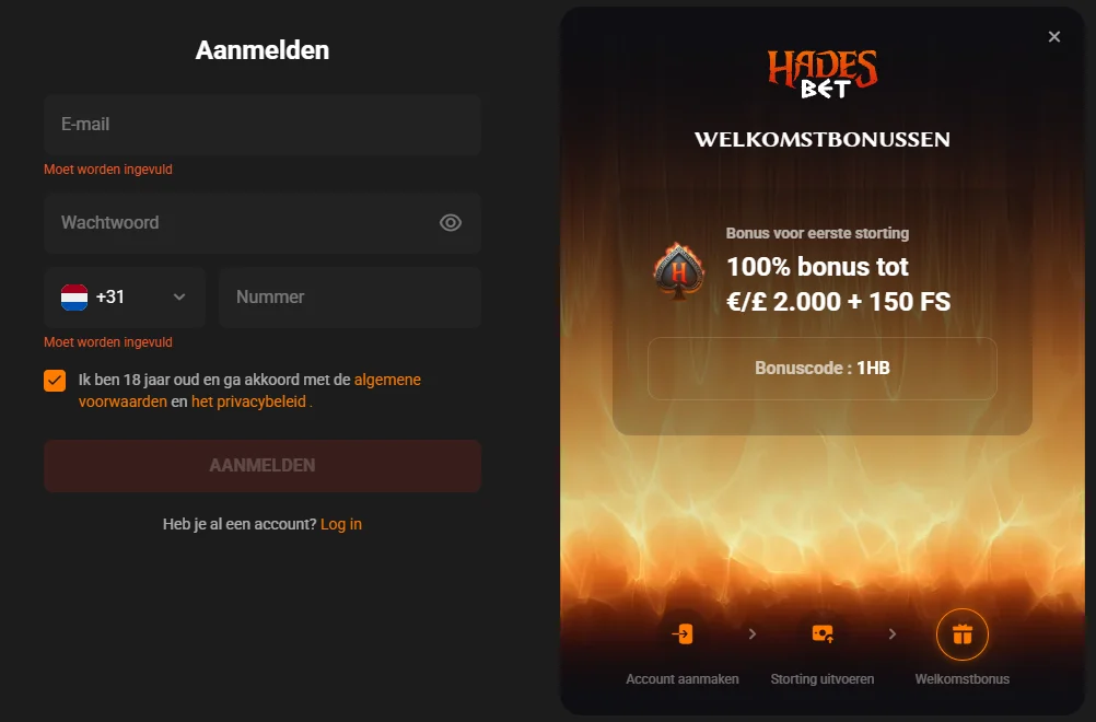 Hadesbet Casino aanmeldformulier met welkomstbonus voor eerste storting