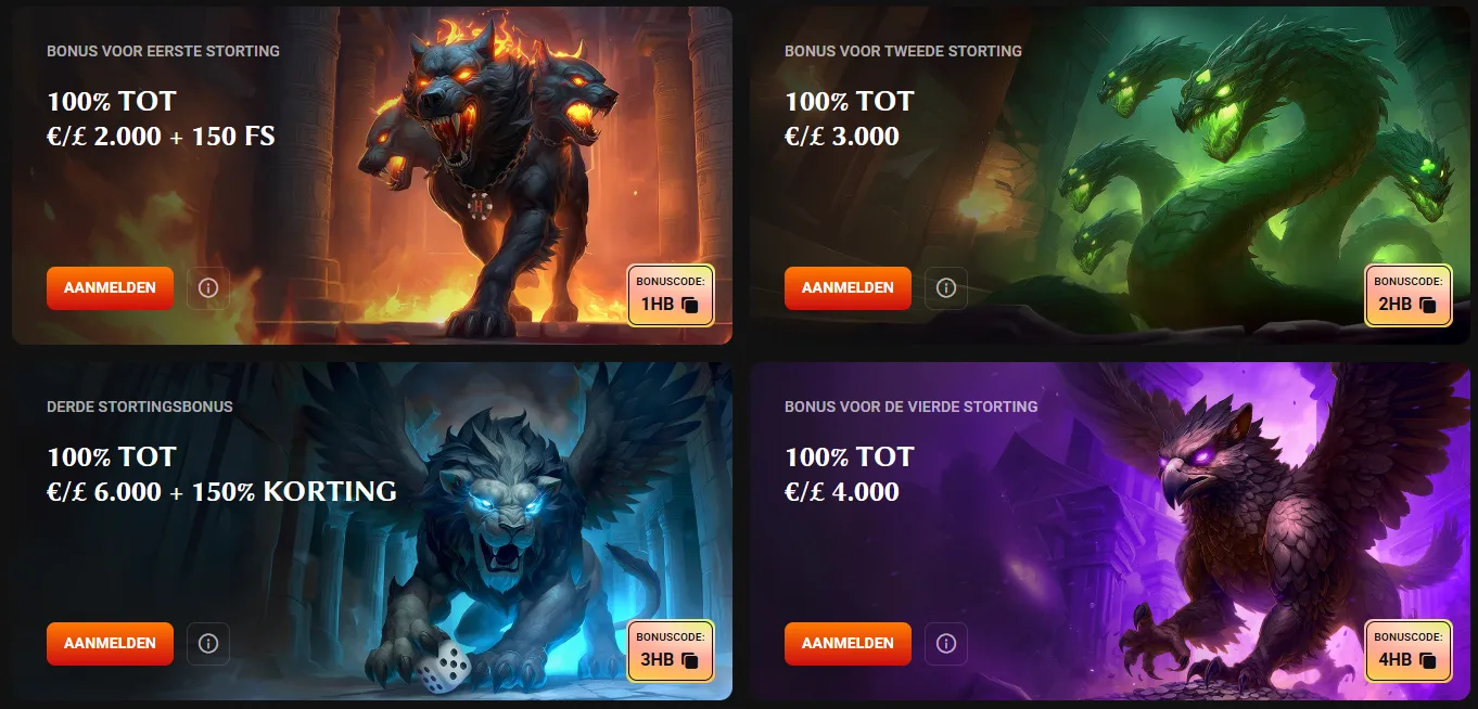 Hadesbet Casino stortingsbonussen met Cerberus, hydra, leeuw en griffioen